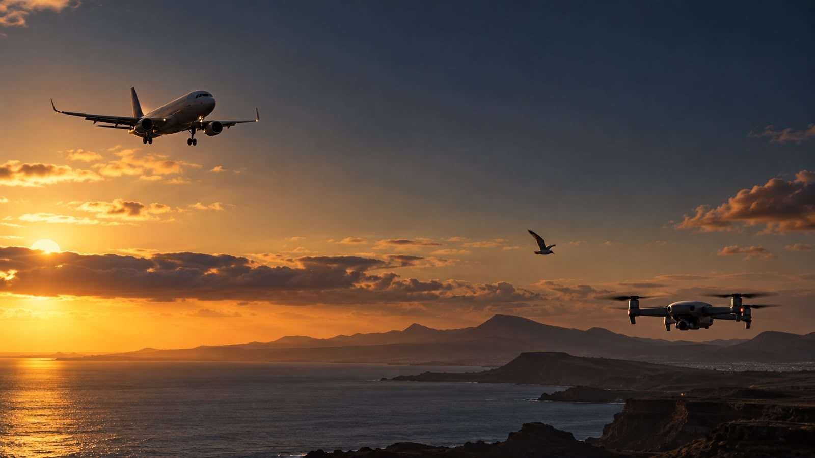 Un avión y un dron sobre el litoral de Fuerteventura al atardecer