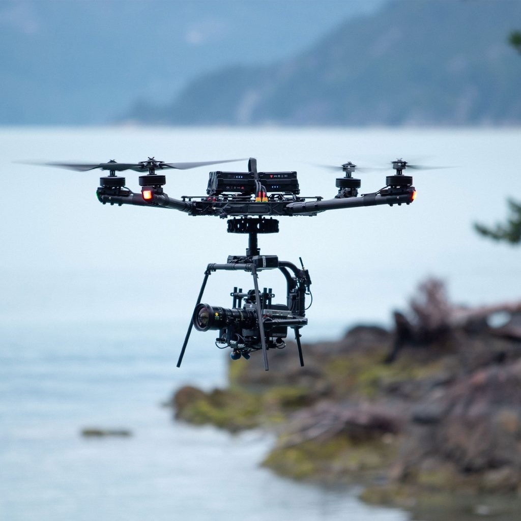 Multirrotor profesional con cámara estabilizada en vuelo sobre la costa